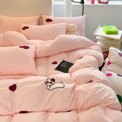 Super Soft Towel Embroidery Bedding Set Duvet Cover Queen Full Twin Size Bed Flat Sheet Kids Girls Quilt Cover Pillowcase Kawaii