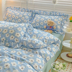 Pastoral Girls Bedding Sets Soft Washed Cotton Bed Linens Princess Quilt Cover Sheet Simple White Flower Bedspread Home Textiles