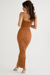 Mocha Rushed Corset Midi Dress