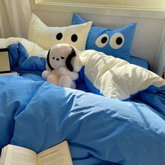 Ins Black Big Eye Solid Color Bedding Set Girls Boys Flat Sheet Blue Duvet Cover Pillowcase Washed Cotton Bed Linen Home Textile