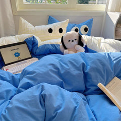 Ins Black Big Eye Solid Color Bedding Set Girls Boys Flat Sheet Blue Duvet Cover Pillowcase Washed Cotton Bed Linen Home Textile