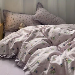 French Style Bedding Set Pastoral Colored Grape Double-layer Gauze Light Purple Washing Cotton Duvet Cover Bed Sheet Comforter