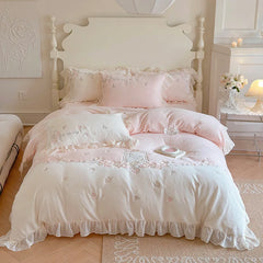 French Romantic Bedding Set Luxury Flower Embroidery Princess Pink Ruffle Milk Velvet Quilt Duvet Cover Bed Sheet Set Bedclothes