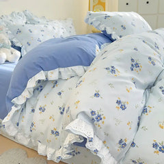 Ins Style Floral Duvet Cover Set Flat Sheet Pillowcases No Filling Queen 200x230cm Romantic Girls Blue Bedding Flower Bed Linens
