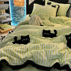 Korean Style Bedding Set Green Strip Black Cat Embroidery Washed Cotton Duvet Cover Cute Cardboard Bed linen Comforter Sets