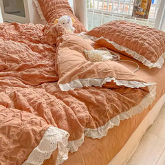 Korean Princess Bedding Set Duvet Cover Ins Style Wash Cotton Solid Color Summer Soft Bed Sheet Set Comforter Set Quilt Cover
