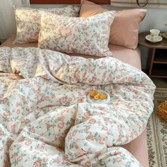 INS Gradual Cream Pink Green Bedding Set Floral Duvet Cover Pillowcase Kawaii Bed Sheet Quilt Cover Single Queen King Size