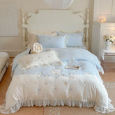 French Romantic Bedding Set Luxury Flower Embroidery Princess Pink Ruffle Milk Velvet Quilt Duvet Cover Bed Sheet Set Bedclothes