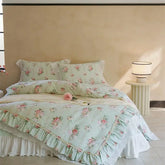 Elegant Vintage Floral Lovely White Lace and Ruffle Chic 100%Cotton Girls Duvet cover set Soft Quilted Bedspread 2Pillowcases