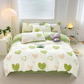 Sweet Green Heart-Shaped Princess Girls Duvet Covers Simple Quilt Cover Bed Flat Sheet Pillowcase Washed Cotton Bed Linens
