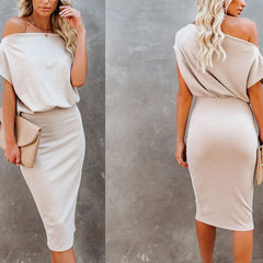 Casual Tummy Hide Slimming Off Shoulder Rib Knit Dress