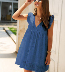 Casual Cotton Ruffle Strap Smocked Eyelet Mini Dress