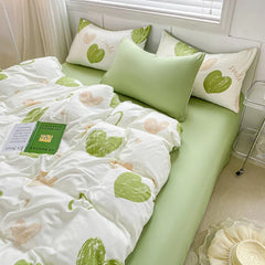 Sweet Green Heart-Shaped Princess Girls Duvet Covers Simple Quilt Cover Bed Flat Sheet Pillowcase Washed Cotton Bed Linens