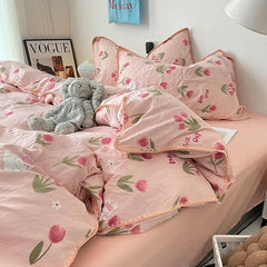 Bedding Set Flora INS Girls 4 New Tulip Rabbit Double-layer Bed Set Of Four Pieces Washing Cotton Bed Sheets Duvet Cover Set