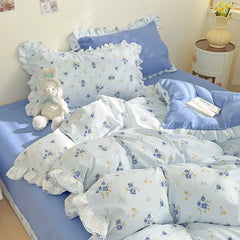 Ins Style Floral Duvet Cover Set Flat Sheet Pillowcases No Filling Queen 200x230cm Romantic Girls Blue Bedding Flower Bed Linens