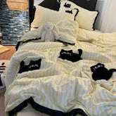 Korean Style Bedding Set Green Strip Black Cat Embroidery Washed Cotton Duvet Cover Cute Cardboard Bed linen Comforter Sets