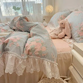 4Pcs Vintage Floral 100%Cotton Soft Bedding Set White Lace and Ruffle Comforter Cover Queen size(1Duvet+1Bedskirt+2Pillow shams)
