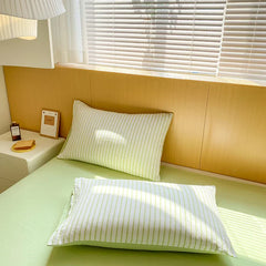 Green Striped Duvet Cover Pillowcase and Solid Color Sheet INS Bedding Set Adult Girls Bedclothes Washed Cotton Bed Linens