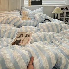 INS Blue White Stripe Seersucker Duvet Cover Bed Sheet Pillowcases NO Filler Princess Bedding Set Girls Home Textiles Full Size