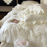 Princess Style 3D Flower Bedding Set 100 Thread Count Autumn and Winter Cotton Duvet Cover Solid White Quilt Covers with Ruffles