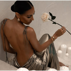 Metallic Shiny Backless Cowl V Neck Dress