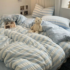 INS Blue White Stripe Seersucker Duvet Cover Bed Sheet Pillowcases NO Filler Princess Bedding Set Girls Home Textiles Full Size