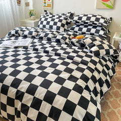 King Size Bedding Set with Quilt Cover Flat Sheet Pillowcase Kids Girls Boys Checkerboard Pinted Single Double Bed Linen