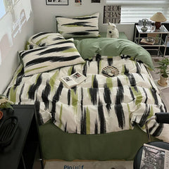 Ins Stripe Bedding Set Green Black Duvet Cover with Pillowcase Simple Quilt Cover Adults Single Double Full Size