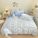 Ins Style Floral Duvet Cover Set Flat Sheet Pillowcases No Filling Queen 200x230cm Romantic Girls Blue Bedding Flower Bed Linens