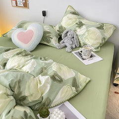 Student Dormitory Three-piece Ins Oil Painting Wind Tulip Quilt Set Double Yarn Four-piece Set 1.8 Washed Cotton Bed Girl