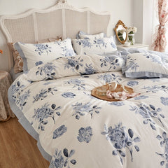 Floral Blossom Print Duvet Cover Blue White Botanical 100%Cotton Comfy 4Pcs Double Queen King Bedding Set Bed sheet Pillowcases