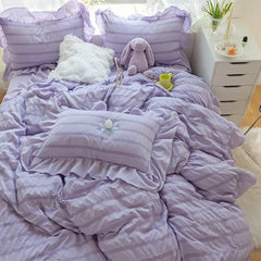 Purple Princess Bedding Set Duvet Cover Pillowcase Linens Twin Queen King Bed Sheet Set Luxury Solid Color Woman Girl Kawaii Set