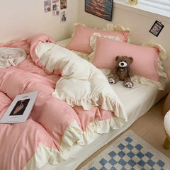 Ins Princess Bedding Set 4 New Duvet Cover Fresh Blue Solid Color Floral Wrinkled Yann Bed Set Of Four Pieces Bed Sheets