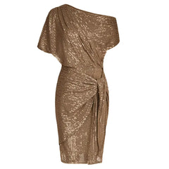 Sequined Asymmetric Off Shoulder Bodycon Party Midi Dress