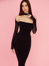 Black Long Sleeve Mesh Corset Cocktail Midi Dress