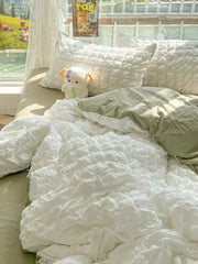Princess Bedding Set French Style Wash Cotton Solid Color Seersucker Summer Soft 4New Bed Sheet Set Comforter Set