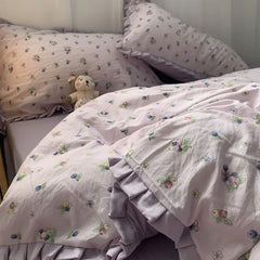 French Style Bedding Set Pastoral Colored Grape Double-layer Gauze Light Purple Washing Cotton Duvet Cover Bed Sheet Comforter