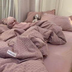 Bedding Set Luxury High Grade Light Washable Cotton Waffle Four Piece Olive Green Quilt Cover Bed Sheet Dormitory Three Piece