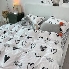 Nordic Pink Checkerboard Duvet Cover Sets With Pillowcases Flat Sheet Kids Girls Boys Full Queen Twin Size Kawaii Bedding Kit
