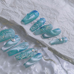 Beach Themed The Little Mermaid Nails Cateye Acrylic Press Ons