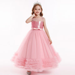 Children Pink Mesh Sequin Girls Cascade Ruffle Formal Prom Princess Ball Dresses