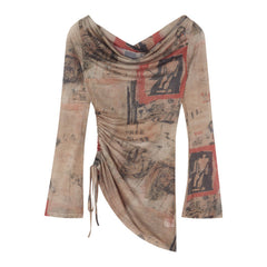 Uneven Retro Graphic Off Shoulder Blouse