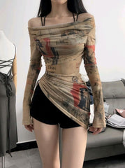 Uneven Retro Graphic Off Shoulder Blouse