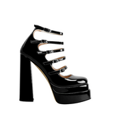 Black Strappy Double Platform Block Heels