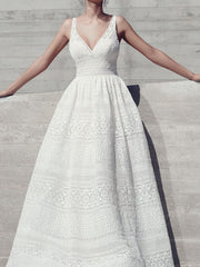 White Eyelet Lace V-Neck Wedding Dress