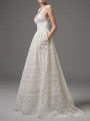 White Eyelet Lace V-Neck Wedding Dress