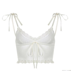 White Lace Knot Trim Camisole Crop Top