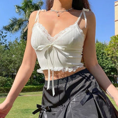 White Lace Knot Trim Camisole Crop Top