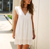 Casual Cotton Ruffle Strap Smocked Eyelet Mini Dress