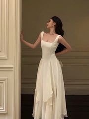 White Tiered Asymmetric Square Neckline A-line Dress
